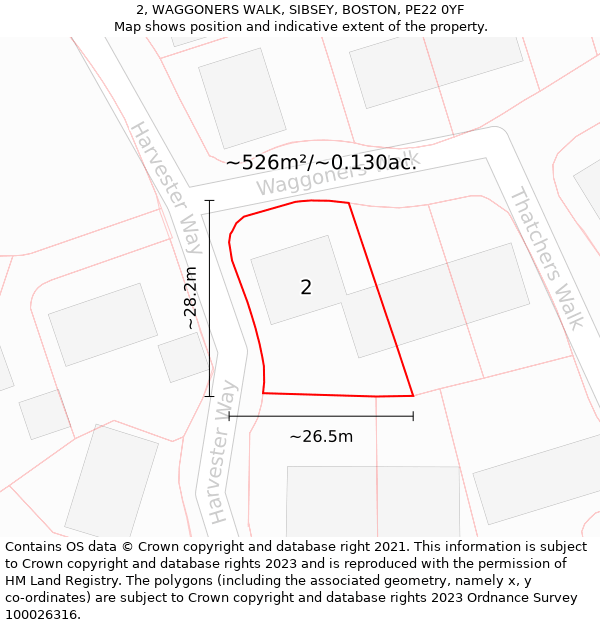 2, WAGGONERS WALK, SIBSEY, BOSTON, PE22 0YF: Plot and title map