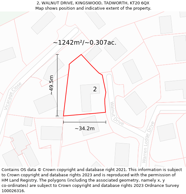 2, WALNUT DRIVE, KINGSWOOD, TADWORTH, KT20 6QX: Plot and title map