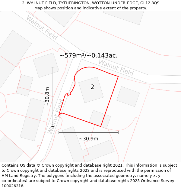 2, WALNUT FIELD, TYTHERINGTON, WOTTON-UNDER-EDGE, GL12 8QS: Plot and title map