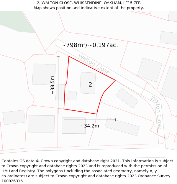 2, WALTON CLOSE, WHISSENDINE, OAKHAM, LE15 7FB: Plot and title map