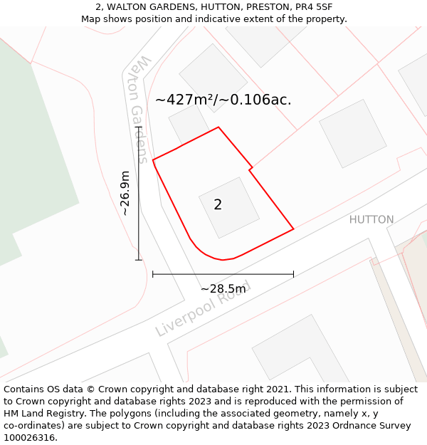 2, WALTON GARDENS, HUTTON, PRESTON, PR4 5SF: Plot and title map