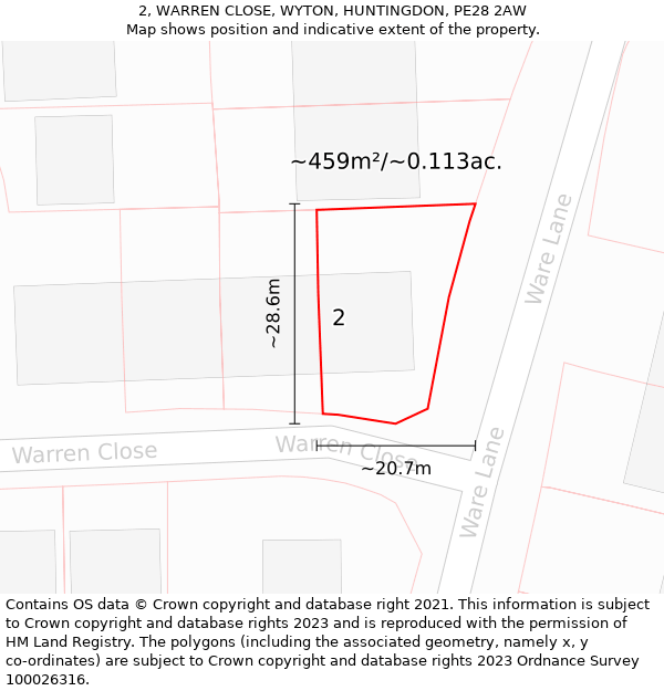 2, WARREN CLOSE, WYTON, HUNTINGDON, PE28 2AW: Plot and title map