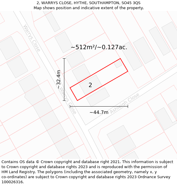 2, WARRYS CLOSE, HYTHE, SOUTHAMPTON, SO45 3QS: Plot and title map