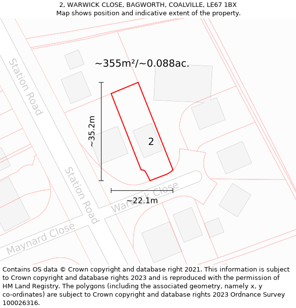 2, WARWICK CLOSE, BAGWORTH, COALVILLE, LE67 1BX: Plot and title map