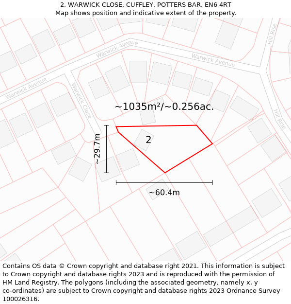 2, WARWICK CLOSE, CUFFLEY, POTTERS BAR, EN6 4RT: Plot and title map