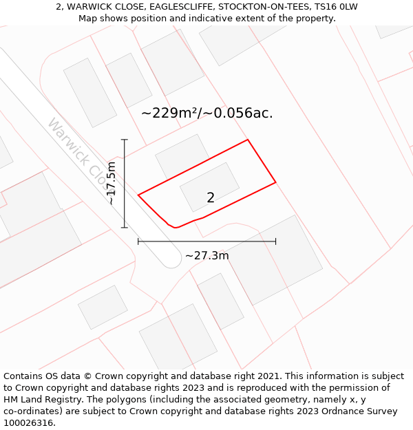 2, WARWICK CLOSE, EAGLESCLIFFE, STOCKTON-ON-TEES, TS16 0LW: Plot and title map