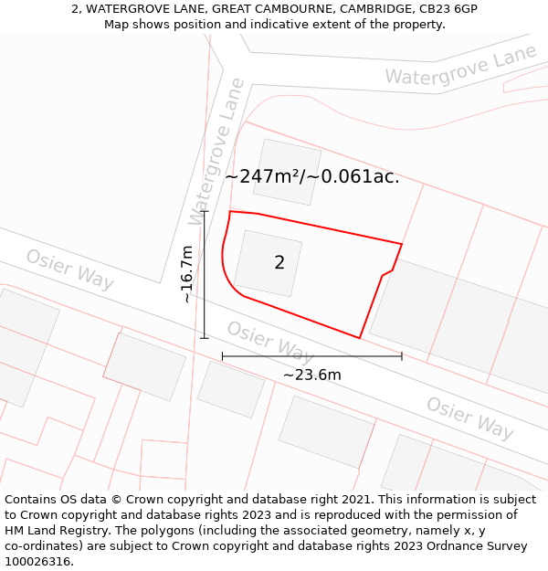 2, WATERGROVE LANE, GREAT CAMBOURNE, CAMBRIDGE, CB23 6GP: Plot and title map