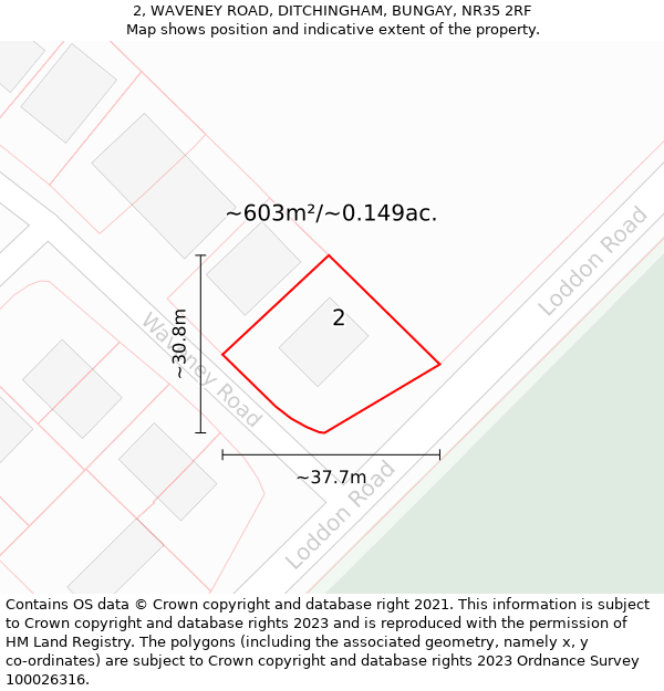 2, WAVENEY ROAD, DITCHINGHAM, BUNGAY, NR35 2RF: Plot and title map