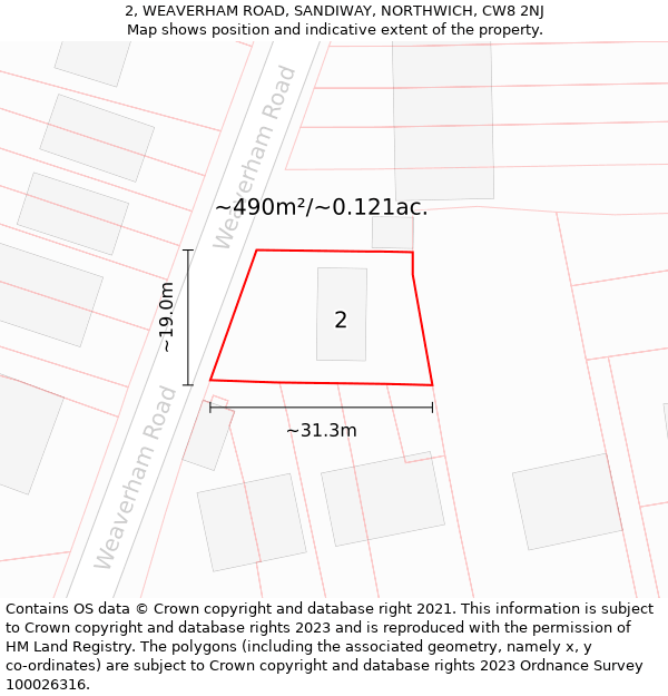 2, WEAVERHAM ROAD, SANDIWAY, NORTHWICH, CW8 2NJ: Plot and title map