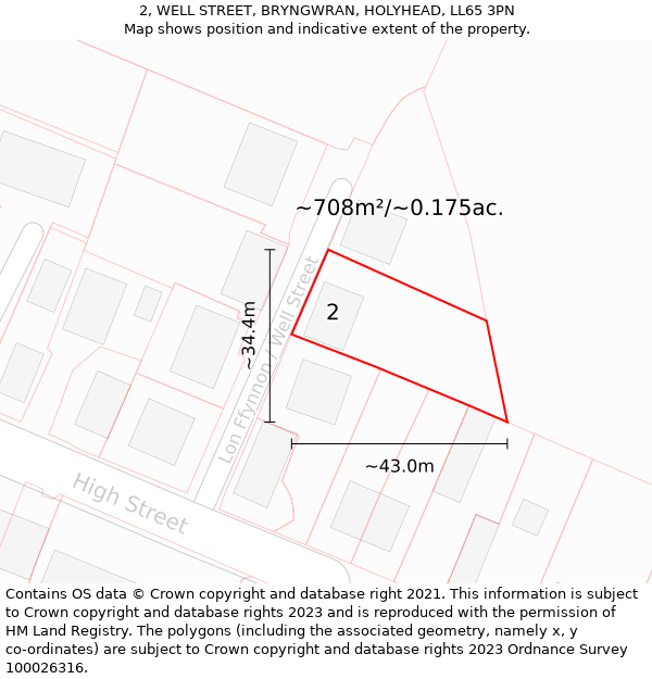 2, WELL STREET, BRYNGWRAN, HOLYHEAD, LL65 3PN: Plot and title map