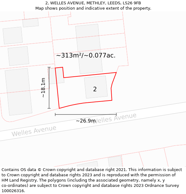 2, WELLES AVENUE, METHLEY, LEEDS, LS26 9FB: Plot and title map