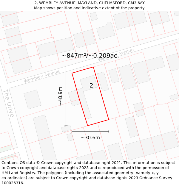 2, WEMBLEY AVENUE, MAYLAND, CHELMSFORD, CM3 6AY: Plot and title map