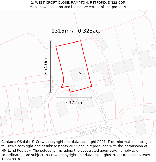 2, WEST CROFT CLOSE, RAMPTON, RETFORD, DN22 0DP: Plot and title map