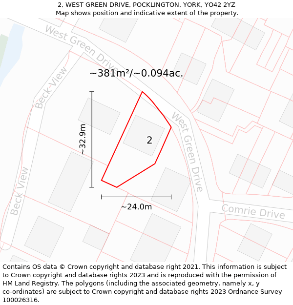 2, WEST GREEN DRIVE, POCKLINGTON, YORK, YO42 2YZ: Plot and title map