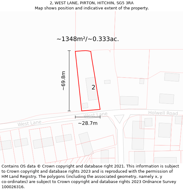 2, WEST LANE, PIRTON, HITCHIN, SG5 3RA: Plot and title map