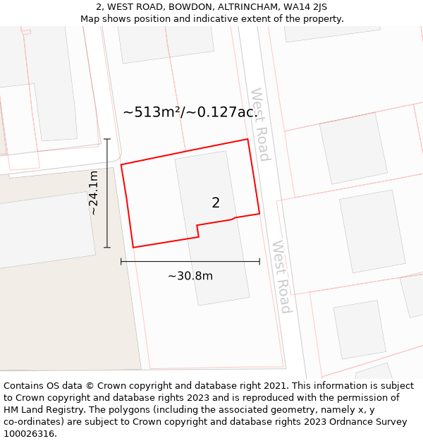 2, WEST ROAD, BOWDON, ALTRINCHAM, WA14 2JS: Plot and title map