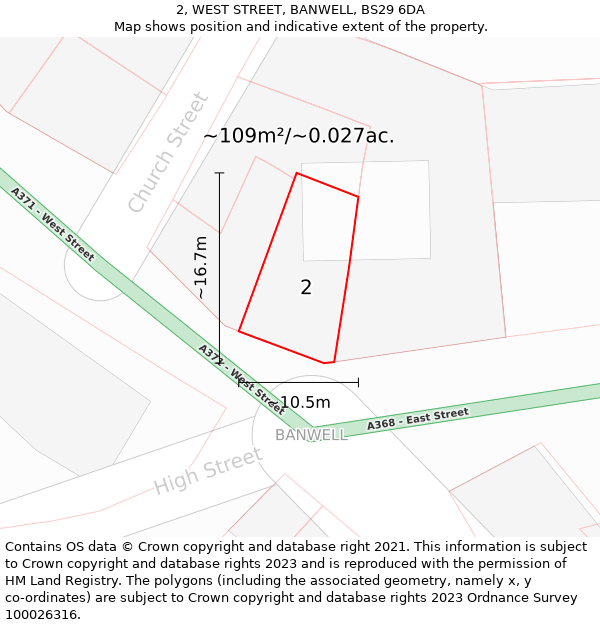 2, WEST STREET, BANWELL, BS29 6DA: Plot and title map