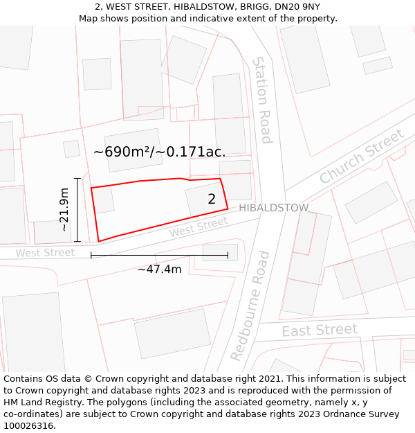 2, WEST STREET, HIBALDSTOW, BRIGG, DN20 9NY: Plot and title map