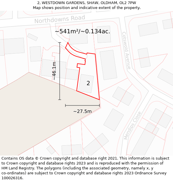 2, WESTDOWN GARDENS, SHAW, OLDHAM, OL2 7PW: Plot and title map