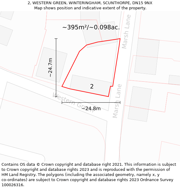 2, WESTERN GREEN, WINTERINGHAM, SCUNTHORPE, DN15 9NX: Plot and title map