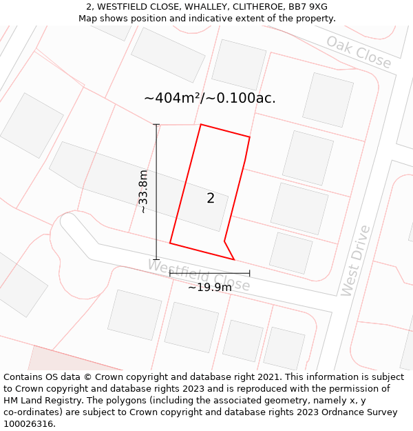 2, WESTFIELD CLOSE, WHALLEY, CLITHEROE, BB7 9XG: Plot and title map