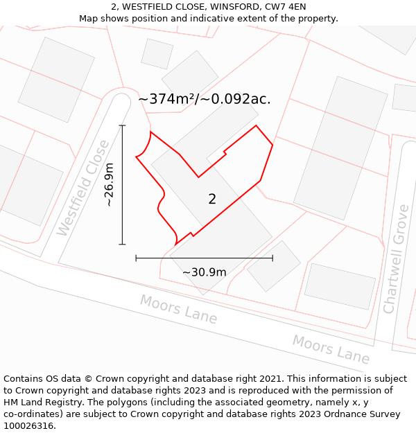 2, WESTFIELD CLOSE, WINSFORD, CW7 4EN: Plot and title map