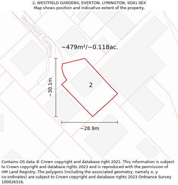 2, WESTFIELD GARDENS, EVERTON, LYMINGTON, SO41 0EX: Plot and title map