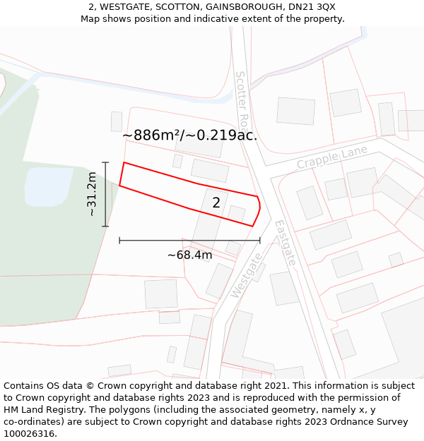 2, WESTGATE, SCOTTON, GAINSBOROUGH, DN21 3QX: Plot and title map