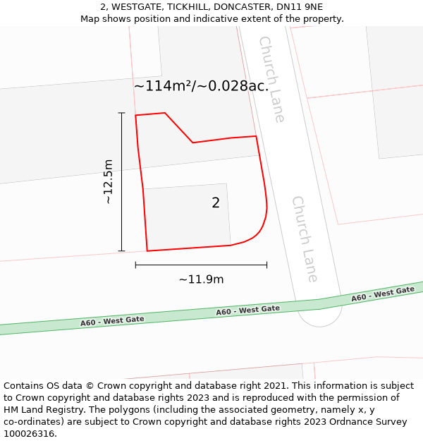 2, WESTGATE, TICKHILL, DONCASTER, DN11 9NE: Plot and title map