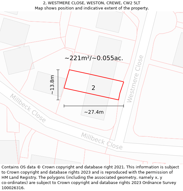 2, WESTMERE CLOSE, WESTON, CREWE, CW2 5LT: Plot and title map