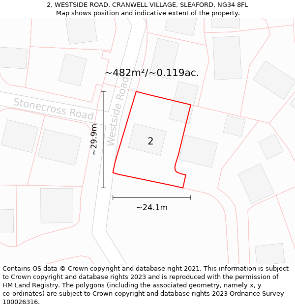 2, WESTSIDE ROAD, CRANWELL VILLAGE, SLEAFORD, NG34 8FL: Plot and title map