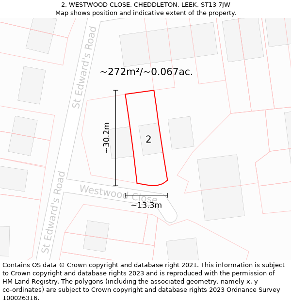 2, WESTWOOD CLOSE, CHEDDLETON, LEEK, ST13 7JW: Plot and title map