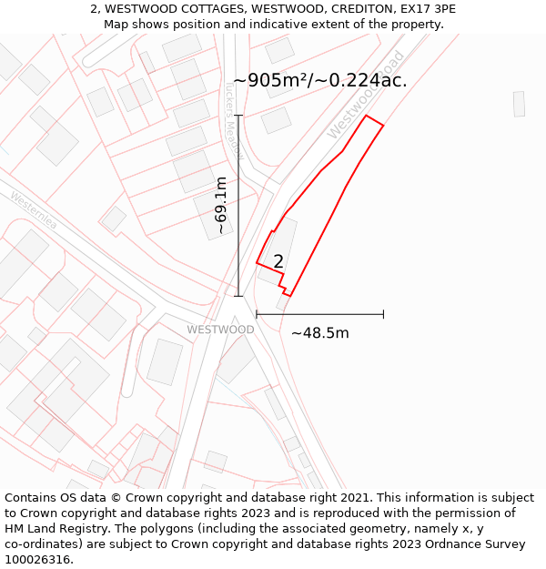 2, WESTWOOD COTTAGES, WESTWOOD, CREDITON, EX17 3PE: Plot and title map