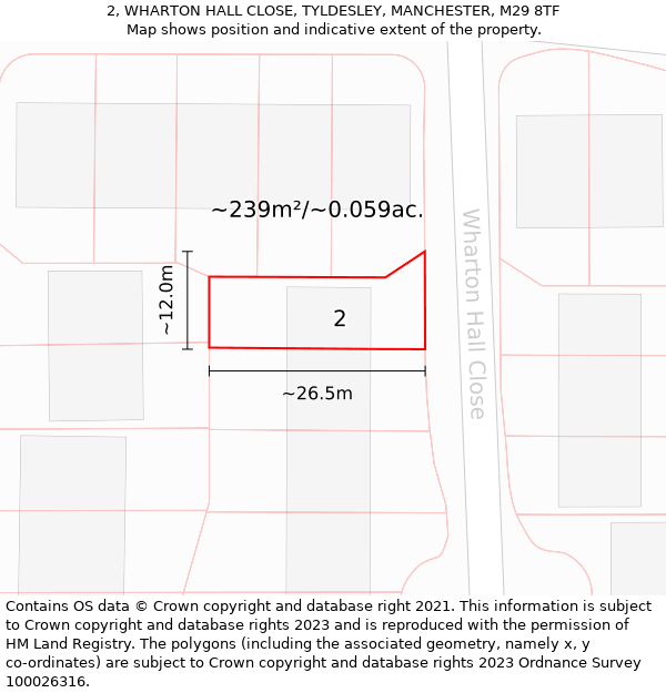 2, WHARTON HALL CLOSE, TYLDESLEY, MANCHESTER, M29 8TF: Plot and title map