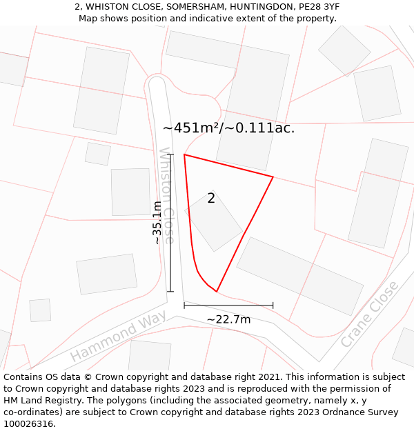 2, WHISTON CLOSE, SOMERSHAM, HUNTINGDON, PE28 3YF: Plot and title map