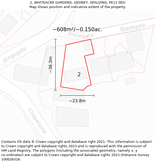 2, WHITEACRE GARDENS, GEDNEY, SPALDING, PE12 0DU: Plot and title map