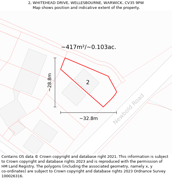 2, WHITEHEAD DRIVE, WELLESBOURNE, WARWICK, CV35 9PW: Plot and title map