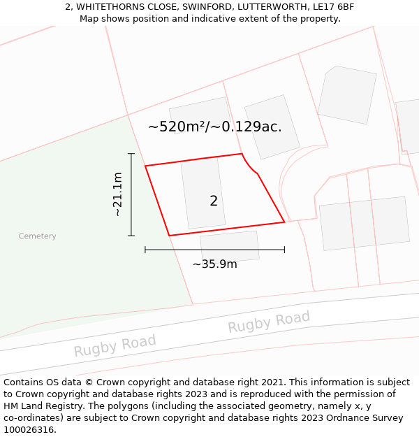 2, WHITETHORNS CLOSE, SWINFORD, LUTTERWORTH, LE17 6BF: Plot and title map