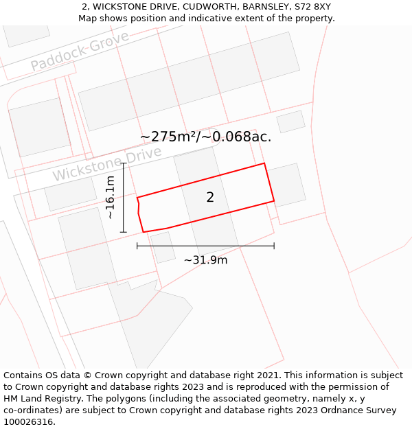 2, WICKSTONE DRIVE, CUDWORTH, BARNSLEY, S72 8XY: Plot and title map