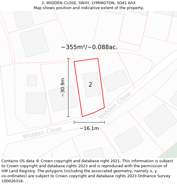 2, WIDDEN CLOSE, SWAY, LYMINGTON, SO41 6AX: Plot and title map