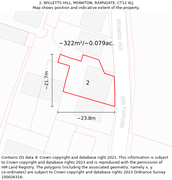 2, WILLETTS HILL, MONKTON, RAMSGATE, CT12 4LJ: Plot and title map