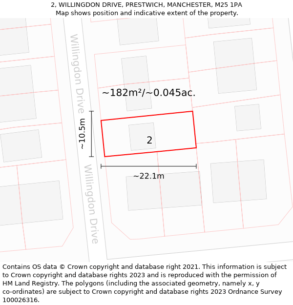 2, WILLINGDON DRIVE, PRESTWICH, MANCHESTER, M25 1PA: Plot and title map