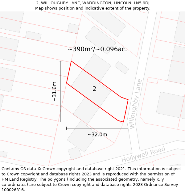 2, WILLOUGHBY LANE, WADDINGTON, LINCOLN, LN5 9DJ: Plot and title map