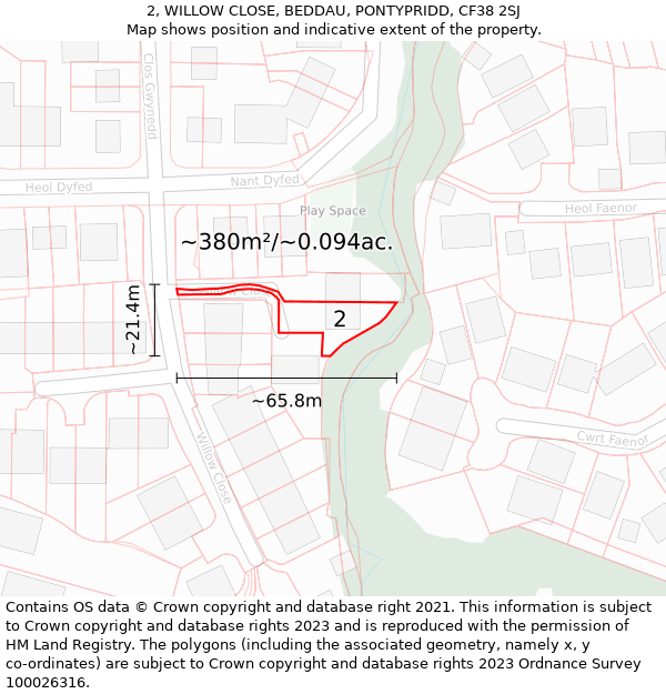 2, WILLOW CLOSE, BEDDAU, PONTYPRIDD, CF38 2SJ: Plot and title map
