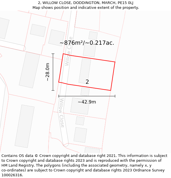 2, WILLOW CLOSE, DODDINGTON, MARCH, PE15 0LJ: Plot and title map