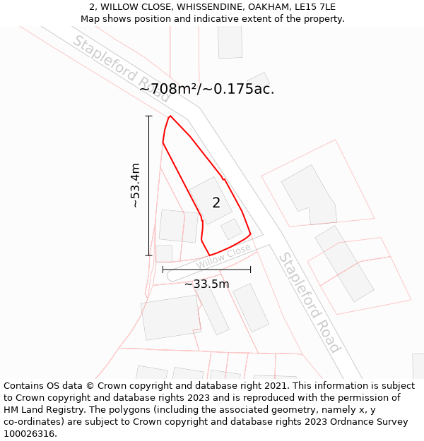 2, WILLOW CLOSE, WHISSENDINE, OAKHAM, LE15 7LE: Plot and title map