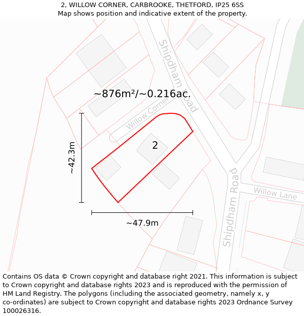 2, WILLOW CORNER, CARBROOKE, THETFORD, IP25 6SS: Plot and title map