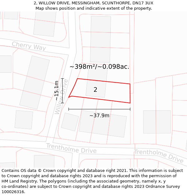 2, WILLOW DRIVE, MESSINGHAM, SCUNTHORPE, DN17 3UX: Plot and title map