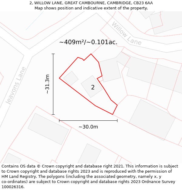 2, WILLOW LANE, GREAT CAMBOURNE, CAMBRIDGE, CB23 6AA: Plot and title map