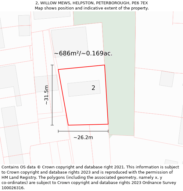 2, WILLOW MEWS, HELPSTON, PETERBOROUGH, PE6 7EX: Plot and title map